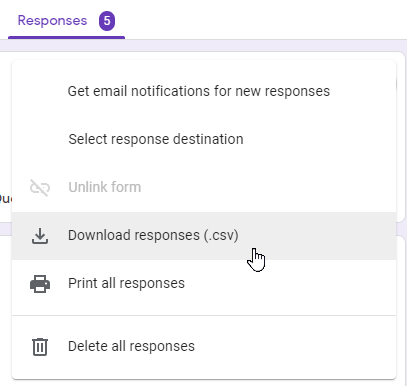 User selecting dowload responses (.csv) from the more options for responses menu.