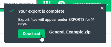 There is a message signifying that the Export is complete and the user has the option of downloading the data.
