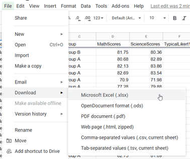 User is choosing Microsoft excel as their download file format in Google Sheets.