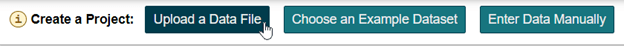 In the create a project panel of intellectus, the user is selecting the upload a data file button.