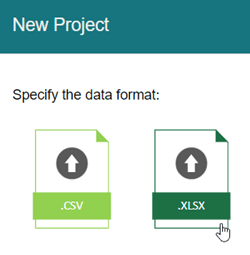 In the new project window, Intellectus asks what type of file you would like to upload, the user is selecting an XLSX file.