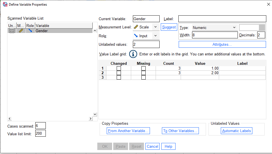 SPSS define variable view